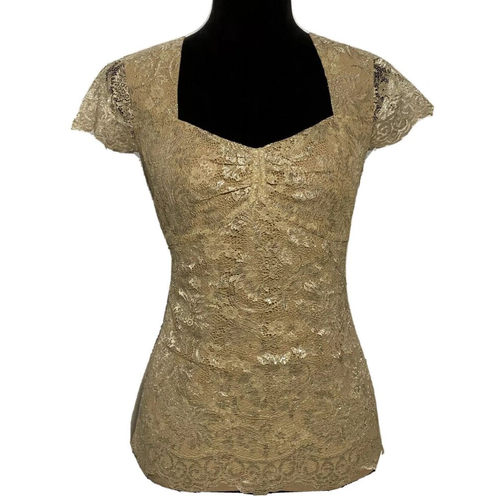 Ann Taylor LOFT Blouse 4 Top Beige Gold Metallic Lace Overlay Stretch Party Work